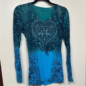 Sinful Turquoise and Black Graphic Long Sleeve Top